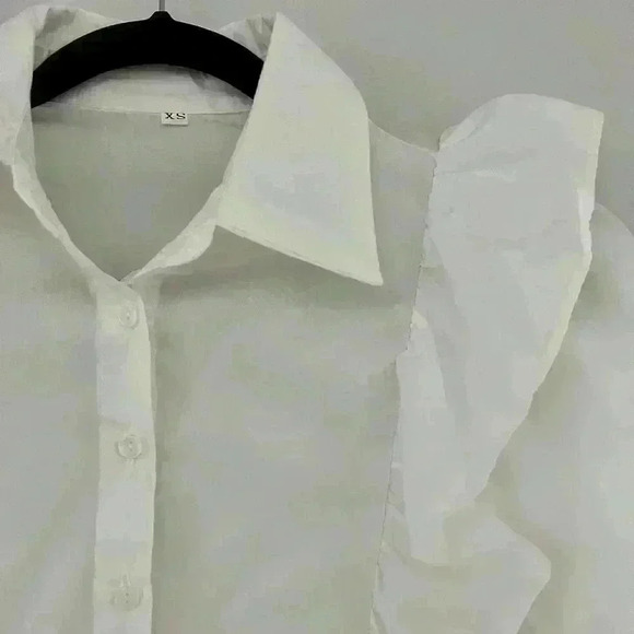 SHEIN Solid Ruffle Trim Button Up Shirt Workwear - Picture 8 of 10